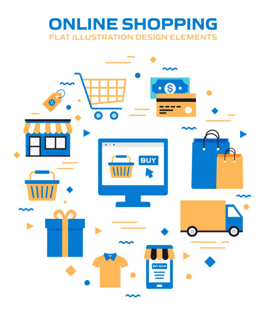 e-commerce, online-shopping, digital marketing verwandte moderne vektor-illustration - online shopping stock-grafiken, -clipart, -cartoons und -symbole