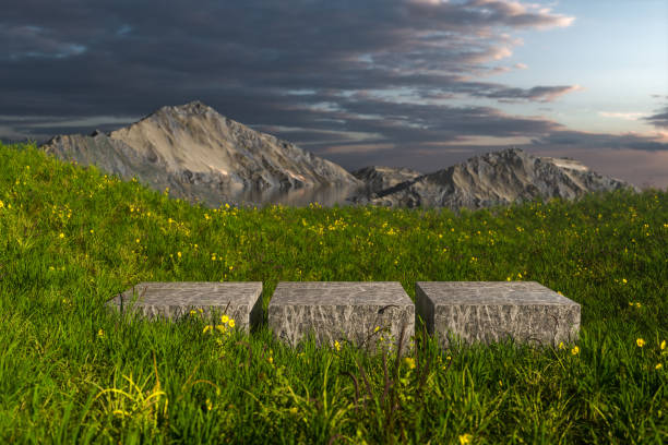 piattaforma vuota nel campo dell'erba, rendering 3d. - mountain sky landscape non urban scene foto e immagini stock