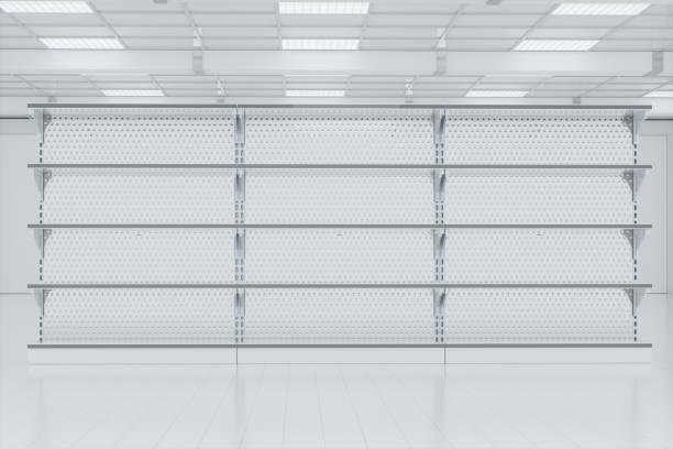 istock Empty supermarket shelves in the supermarket, 3d rendering. 1225130955