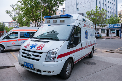 China, Heihe, July 2019: ambulances in the Chinese city of Heihe in the summer