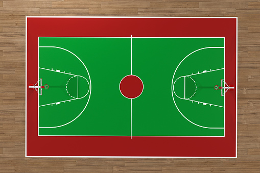 Top view of basketball court with wooden floor, 3d rendering. Computer digital drawing.