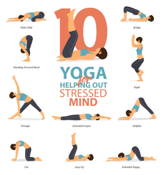 illustrazioni stock, clip art, cartoni animati e icone di tendenza di infografica di 10 pose yoga per yoga a casa nel concetto di aiutare la mente stressata nel design piatto. donna che si allena per lo stretching del corpo. set di postura yoga o infografica asana. vettore carattere. - exercising sport cartoon male