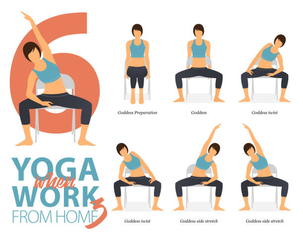 illustrazioni stock, clip art, cartoni animati e icone di tendenza di infografica di 6 pose yoga per la sindrome dell'ufficio quando si lavora a casa in design piatto. la donna di bellezza è esercizio fisico per la forza sulla sedia da ufficio. set di posture yoga infografica. vettore carattere. - exercising sport cartoon male