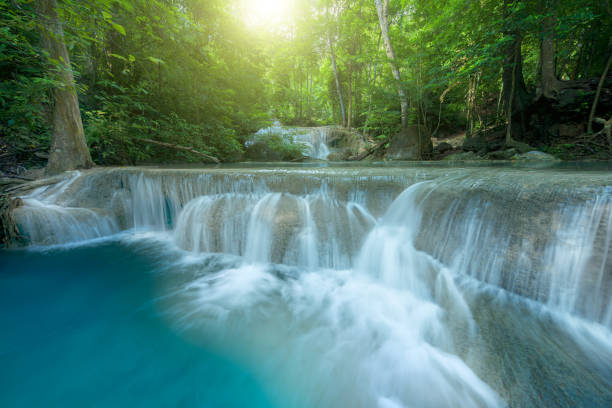 belle chute d’eau dans la forêt profonde au parc national, thaïlande - erawan national park beauty in nature waterfall photos et images de collection