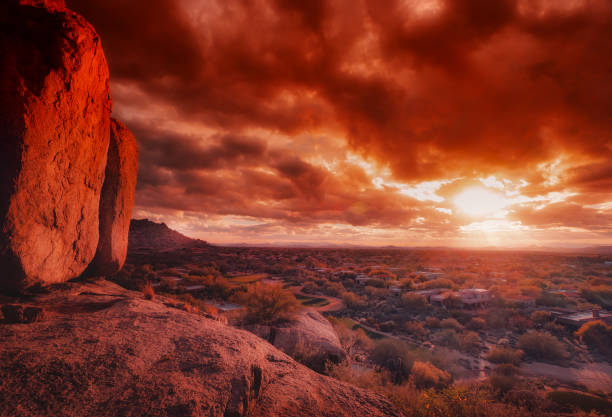 View overlooking desert valley with beautiful cloudscape at sunset Carefree,Cavecreek ,Arizona