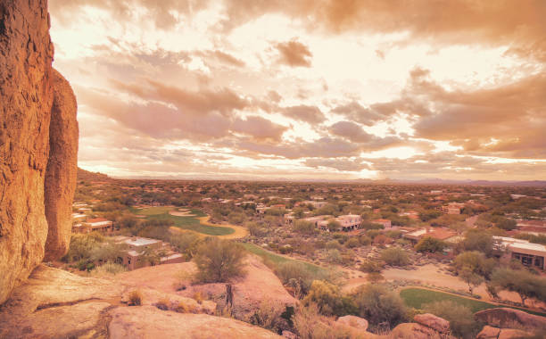 View overlooking desert valley with beautiful cloudscape at sunset Scottsdale,Arizona