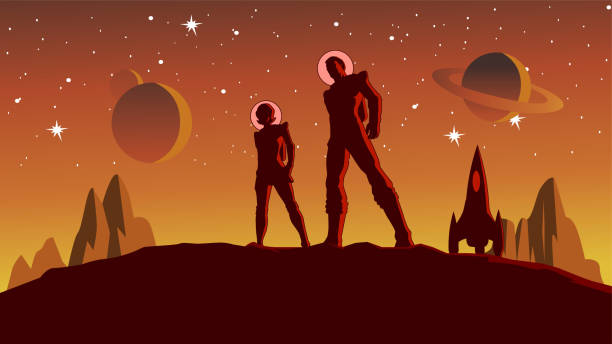 istock Vector Retro Astronaut Couple Silhouette in Space Stock Illustration 1225139977