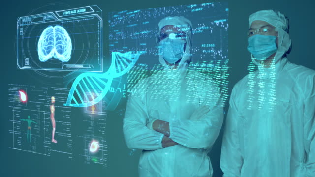 Medical doctor scientist COVID vaccine researcher wearing mask and suit with smart mobile virus analysis, medical laboratory IoT technology AI mobile health care digital futuristic presentation.