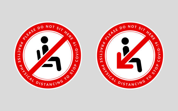 Please do not sit here. Practise physical distancing to stop covid-19. An awareness message to promote social distancing in sitting areas. Chair or seat sticker. Social distancing policy awareness message. Vector design. you are here stock illustrations
