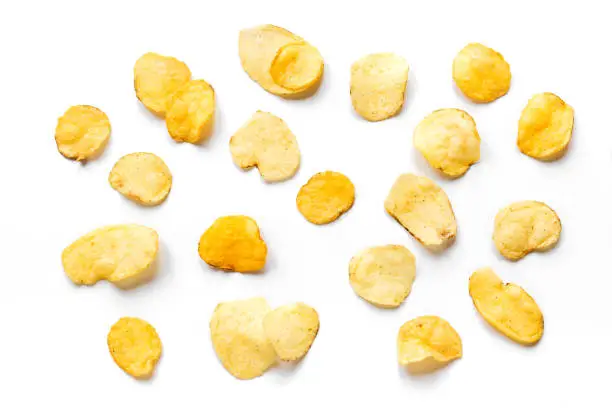 Potato chips isolated on white background. Crispy potato chips creative layout, top view, banner.