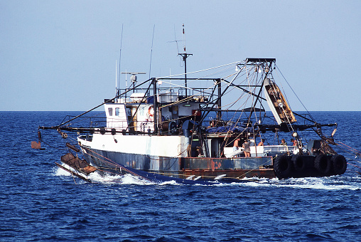 Timor Sea, Northern Territory, Australia: July 13, 1998, View of a prawn trawler at sea on the fishing grounds in the Timor Sea of the north west coast of Darwin