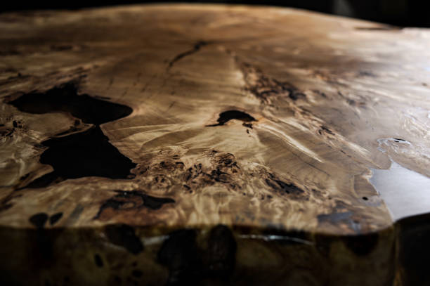 istock Wood surface cross section of elm tree. Live slab texture. Solid elm wooden table with epoxy resin filling. Wood countertop. Woodworking, carpentry, furniture production. Shallow depth of field. 1225158343