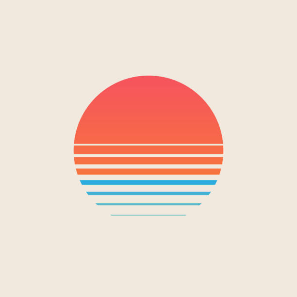 illustrations, cliparts, dessins animés et icônes de coucher de soleil rétro au-dessus de la mer ou de l’océan avec le soleil et la silhouette d’eau. logo d’été de style vintage ou design d’icône isolé sur fond blanc. illustration de vecteur. - plage illustrations