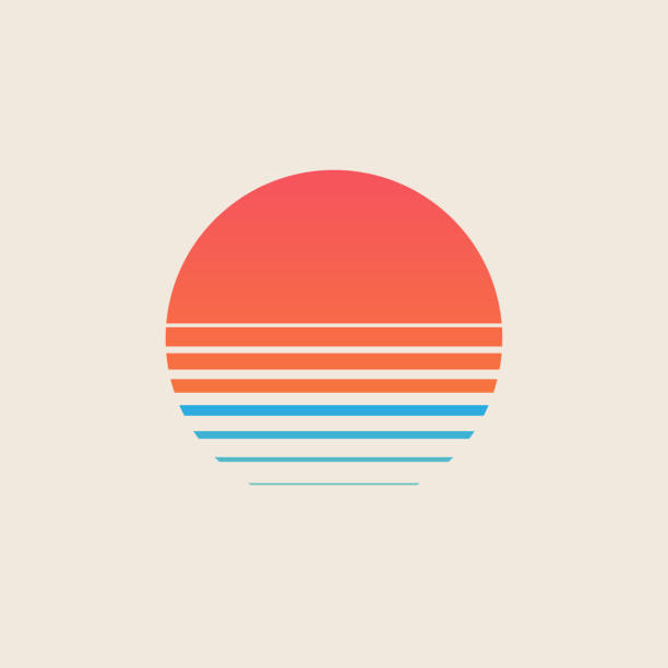 태양과 물 실루엣바다 또는 바다 위의 복고풍 일몰. 빈티지 스타일의 여름 로고 또는 아이콘 디자인은 흰색 배경에 고립. 벡터 그림입니다. - sunset stock illustrations
