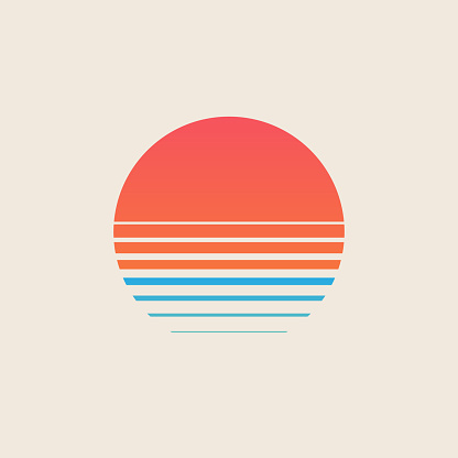 Retro sunset above the sea or ocean with sun and water silhouette. Vintage styled summer logo or icon design isolated on white background. Vector eps 10 illustration.