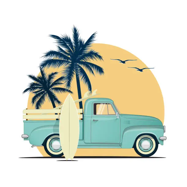 Vector illustration of Surfing retro pick up truck with surf boards on sunset with palm silhouettes. Summer vacation or summer party themed vector illustration for flyer or poster or t-shirt design.