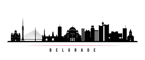 ilustrações, clipart, desenhos animados e ícones de bandeira horizontal do horizonte de belgrado. silhueta em preto e branco de belgrado, sérvia. modelo vetorial para o seu design. - belgrade churches