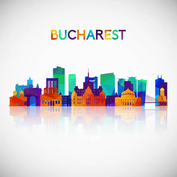 Vector illustration of Bucharest skyline silhouette in colorful geometric style. Symbol for your design. Vector illustration.