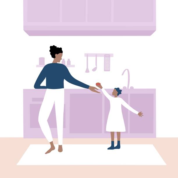 Mother and daughter cooking at kitchen vector art illustration