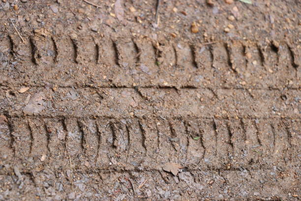 istock Wet soil having wheel tracks or gripper marks 1225164325
