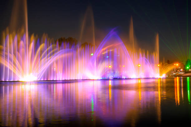 Industrial cooling fountains on the power plant. Belarus, Eastern Europe.
