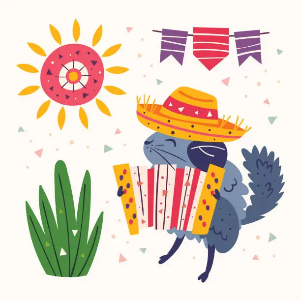 Vector illustration of Mexico clip art. Little cute chinchilla in sombrero with a button accordion, grass, sun and flags. Mexican party. Latin America holiday. Flat colourful vector illustration, set isolated on background.