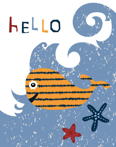istock A good whale swims among sea waves and starfish. Letters Hello. Vector cartoon illustration in a flat style. The concept of the underwater world and adventure for the design of children's products 1225166701