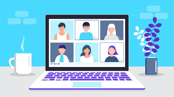 Remote work vector. School class is studying. Video call conference concept. Social distancing during quarantine. University online course illustration. Teleconference and webinar concept.