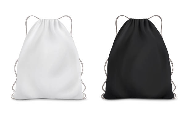 ilustrações, clipart, desenhos animados e ícones de saco de mochila preto branco em uma corda. simulação de saco esportivo em fundo branco. - sack bag textile rope