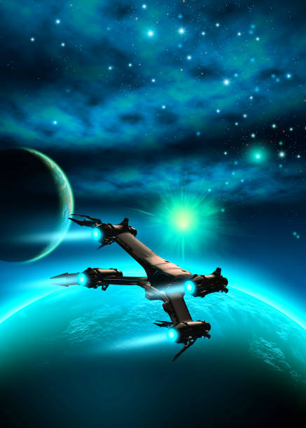 istock Spaceship Flying in space, planetary system and nebula, 3d illustration 1225171463