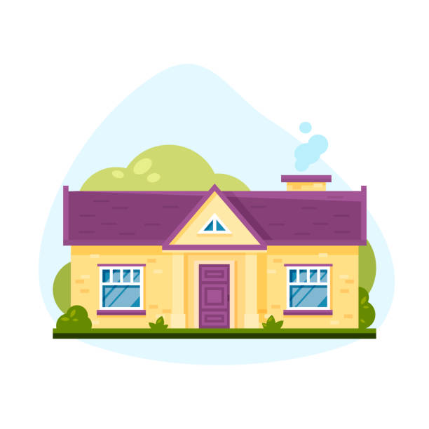 ilustrações de stock, clip art, desenhos animados e ícones de vector flat illustration of colorful residential house with brick walls and violet roof tiles. - roof tile architectural detail architecture and buildings built structure