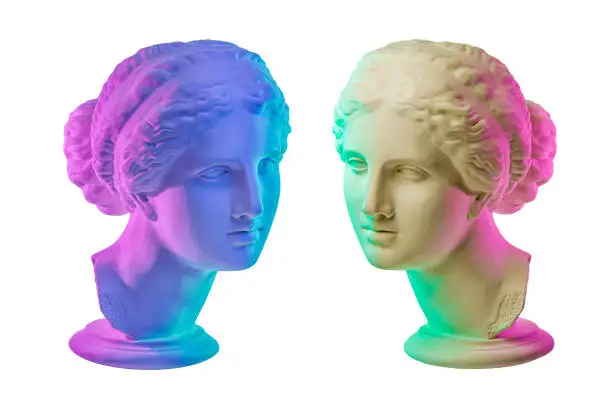 Statue of Venus de Milo. Creative concept colorful neon image with ancient greek sculpture Venus or Aphrodite head. Isolated on a white background. Webpunk, vaporwave and surreal art style.