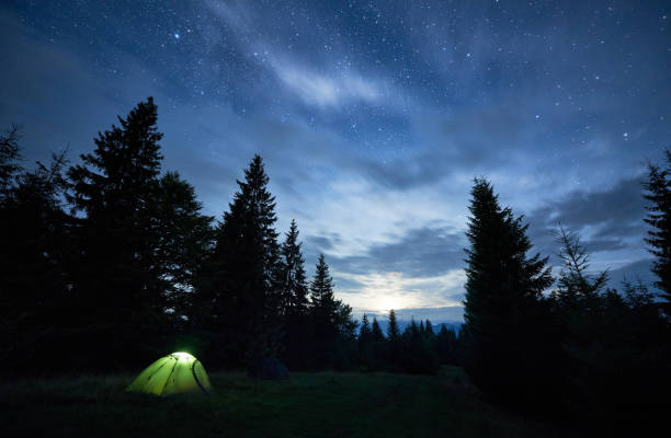 istock Two camp tents in forest under beautiful night sky. 1225175141