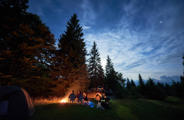 istock Hikers sitting near campfire in night forest. 1225175150