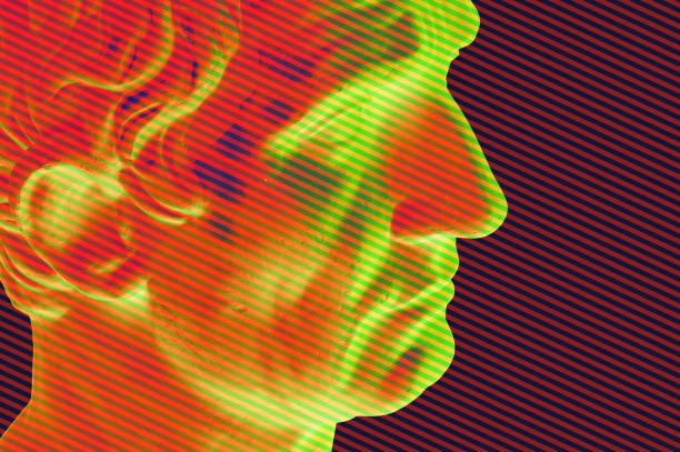 Statue of Guy Julius Caesar Octavian Augustus. Creative concept colorful neon image with ancient roman sculpture Guy Julius Caesar head. Webpunk, vaporwave and surreal art style. Green, yellow, blue.