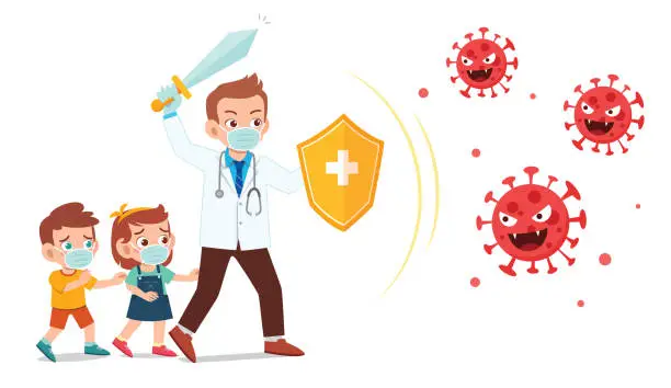 Vector illustration of young doctor fight with corona virus protect kid