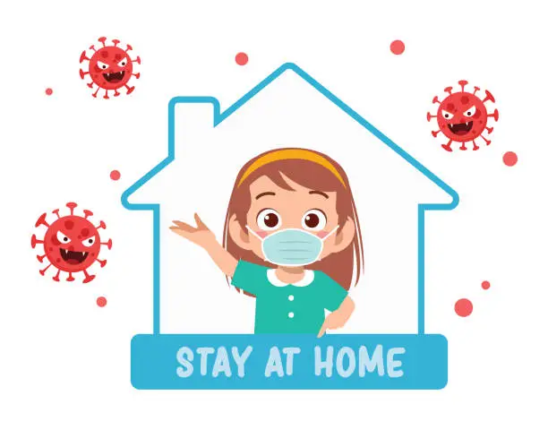 Vector illustration of cute little kid girl using masker stay at home