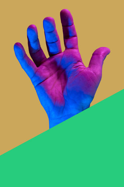 istock Hand in a pop art collage style in neon bold colors. Modern psychedelic creative element with human palm for posters, banners, wallpaper. Copy space for text. Magazine style template. Zine culture. 1225180954