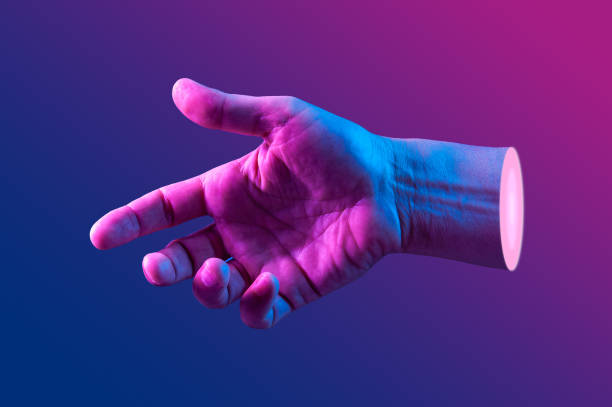 istock Hand in a pop art collage style in neon bold colors. Modern psychedelic creative element with human palm for posters, banners, wallpaper. Copy space for text. Magazine style template. Zine culture. 1225180956
