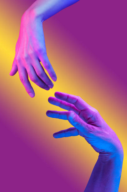 istock Two hand in a pop art collage style in neon bold colors. Modern psychedelic creative element with human palm for posters, banners, wallpaper. Copy space for text. Magazine style. Zine culture. 1225180959