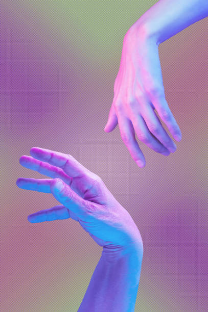 istock Two hand in a pop art collage style in pastel bold colors. Modern psychedelic creative element with human palm for posters, banners, wallpaper. Copy space for text. Magazine style. Zine culture. 1225180973