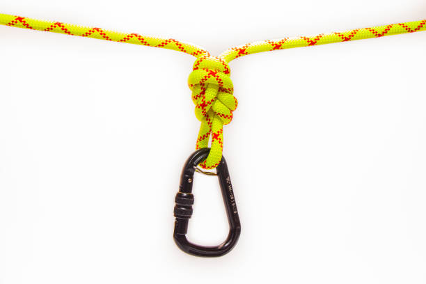 istock New Black oval touristic and alpinistic carabine hangs from Butterfly loop knot. Stretched colored, green rope for personal belaying. Self-insurance mustache. Isolated on white background 1225181146
