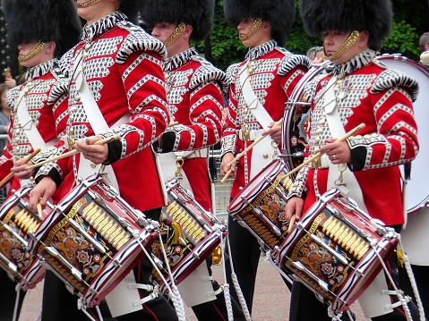 Coldstream guards marching band along The Mall for the Trooping the Colour Ceremony to mark the Queen's birthday annual ceremony in June at Horseguards Parade, London, England