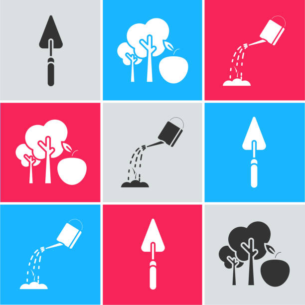 ilustraciones, imágenes clip art, dibujos animados e iconos de stock de establecer pala o pala de paletas garden, árbol con manzana y lata de riego con icono de agua. vector - trowel watering can dirt shovel