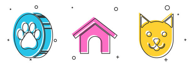 ilustrações, clipart, desenhos animados e ícones de set paw print, dog house e cat icon. vetor - in the dog house kennel house isolated