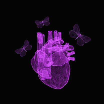 Wireframe mesh system Heart with Butterflies on black background. Concept of health care technology, graphic of heart covered by grid. 3d illustration