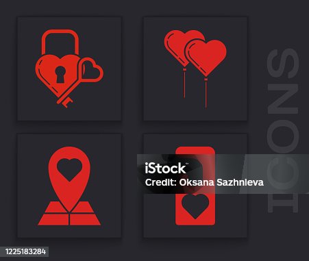 istock Set Please do not disturb with heart, Castle in the shape of a heart and key, Balloons in form of heart with ribbon and Map pointer with heart icon. Vector 1225183284
