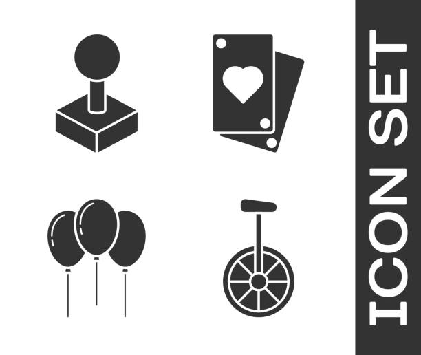 ilustraciones, imágenes clip art, dibujos animados e iconos de stock de establecer unicycle o una rueda de bicicleta, joystick para la máquina arcade, globos con cinta y icono de la tarjeta de juego. vector - vector gamepad greeting card color image