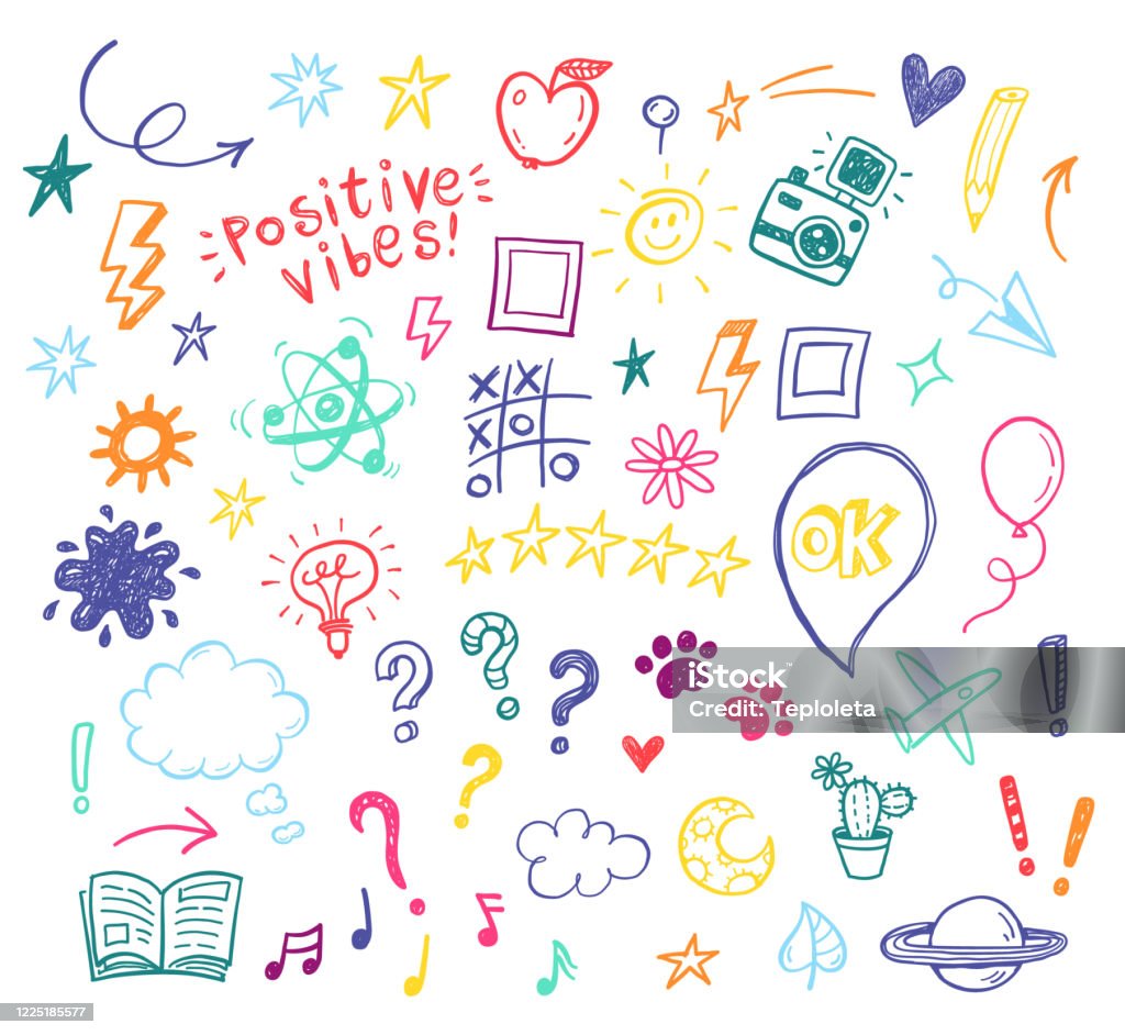 Happy positive Kids doodles, divertente set disegnato a mano, educazione, kindergarden, avventura, compleanno, vacanze, social media, illustrazioni di blog - arte vettoriale royalty-free di Scarabocchio - Disegno