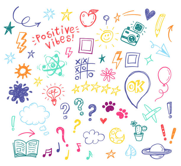 mutlu pozitif kids doodles, komik el çizilmiş set, eğitim, kindergarden, macera, doğum günü, tatil, sosyal medya, bloglama çizimler - education stock illustrations